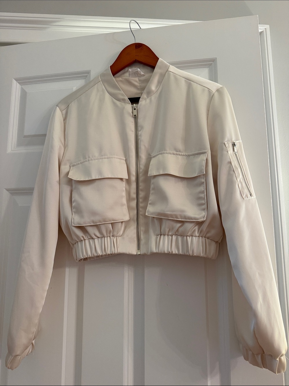 Bobbles & Lace Ivory Cropped Utility Bomber Jacket Size S